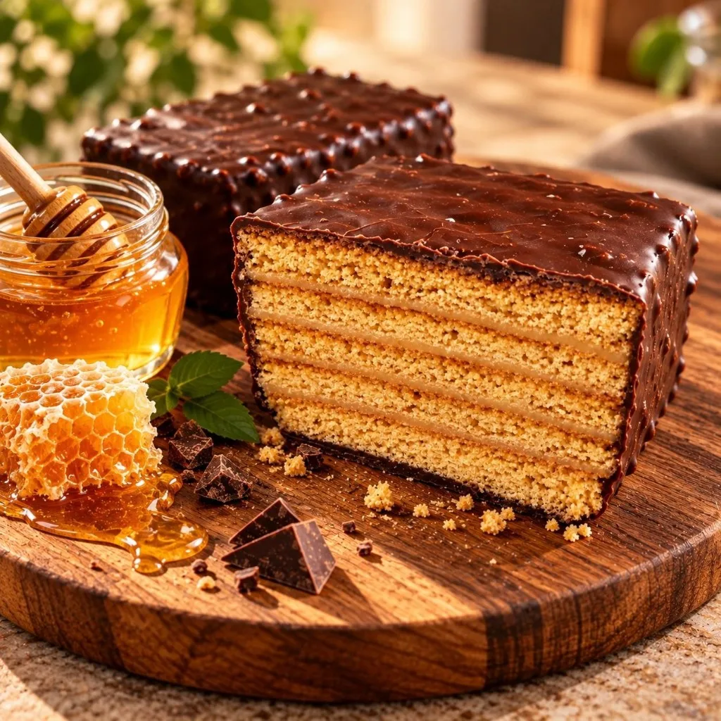 Medovik KA’A LUXE con miel, panal y chocolate — capas artesanales al corte